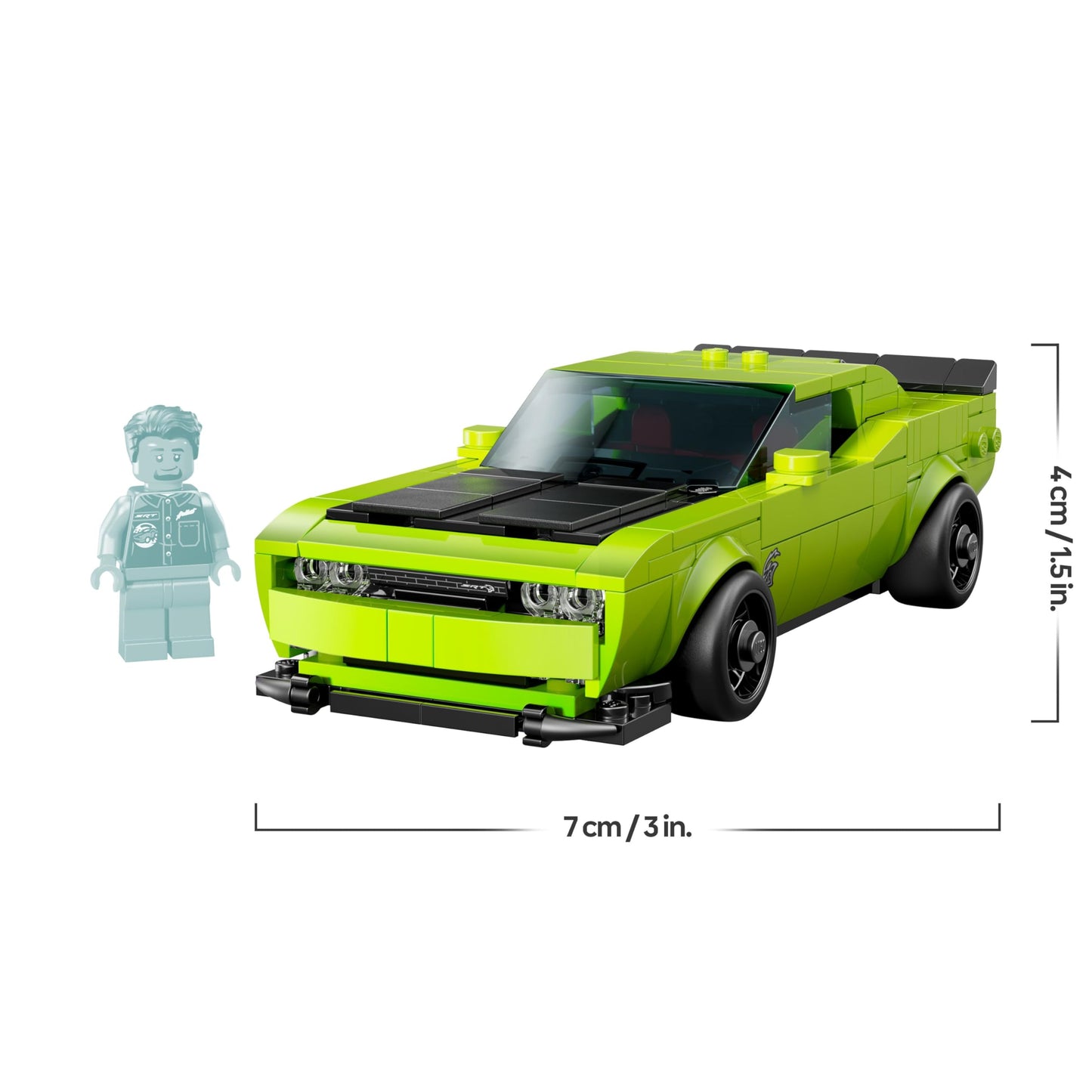 LEGO Speed Champions Dodge Challenger SRT Hellcat sports car model kit with driver minifigure on display.