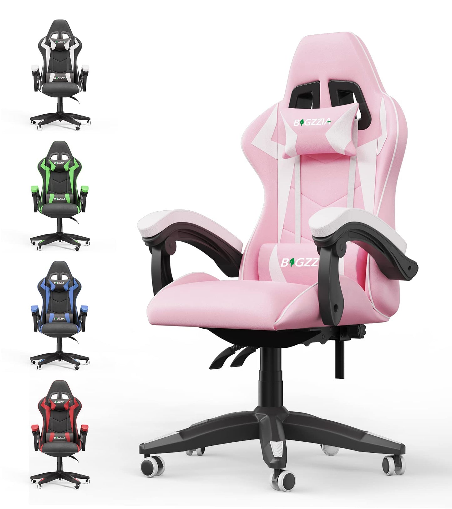 bigzzia ergonomic pink gaming chair with lumbar cushion and headrest, height-adjustable office chair for adults