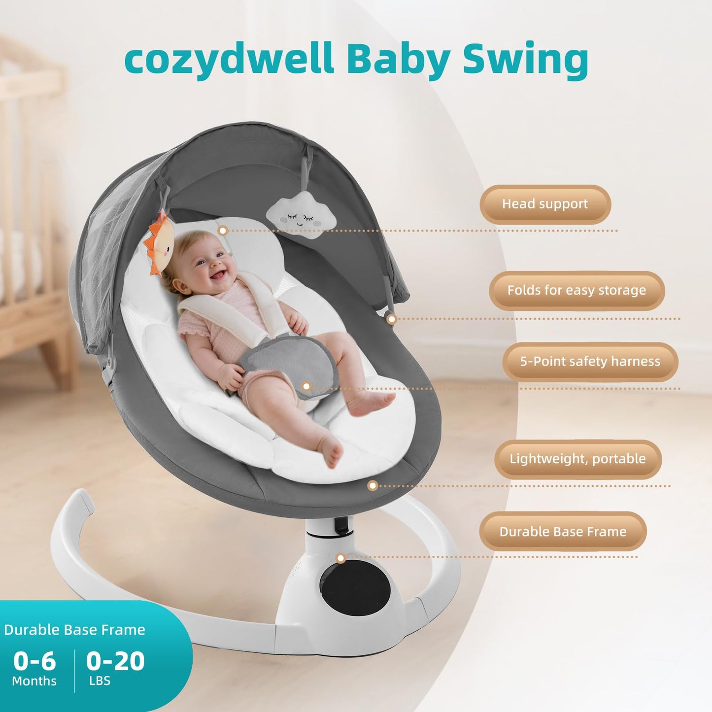 Cozydwells electric baby swing chair in grey with Bluetooth speaker, touch screen controls, 5 swing speeds, and remote, suitable for infants.