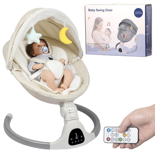 Electric infant swing by JFOVMCYG with remote control, 5 swing speeds, washable seat, 3 positions, and adjustable timer.