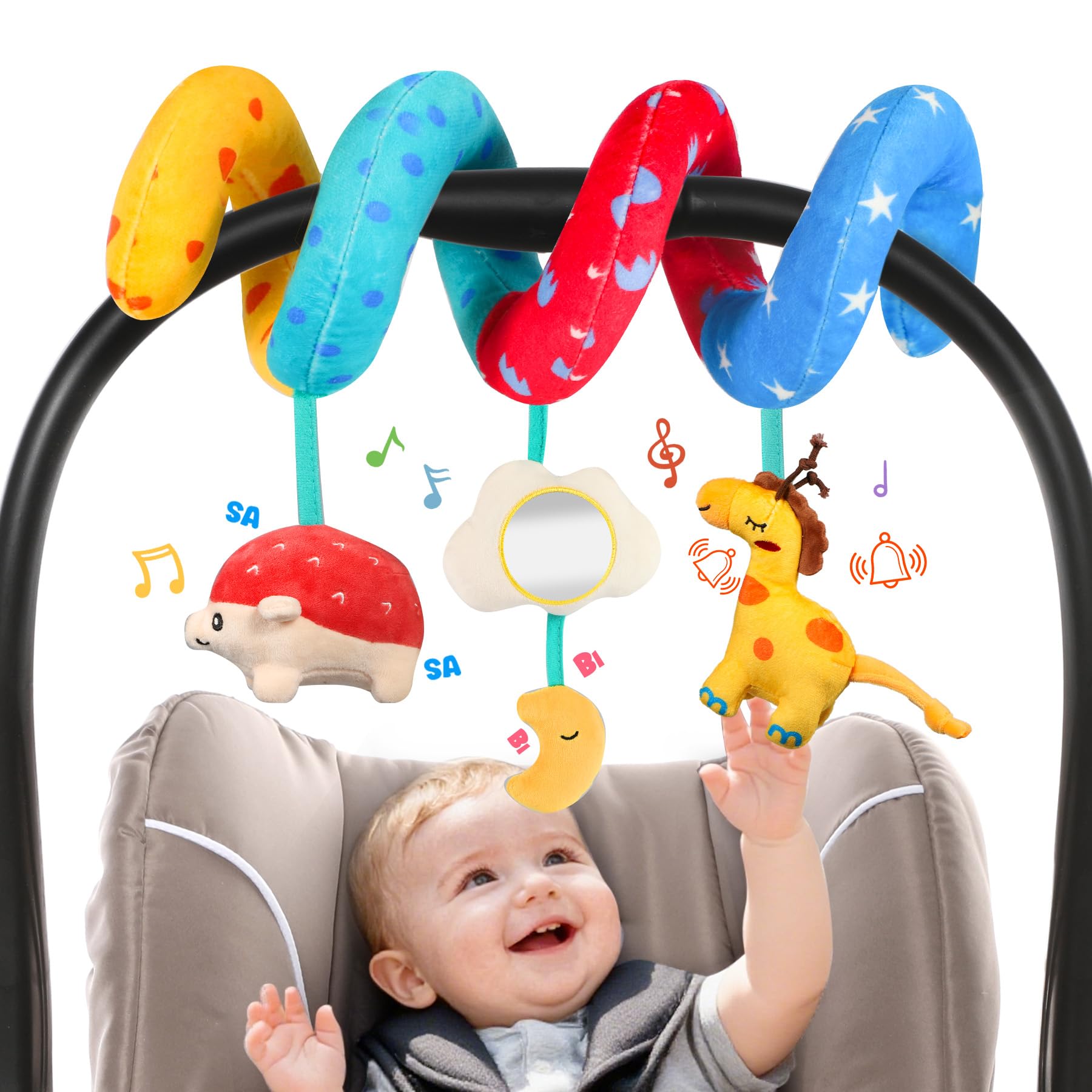 URMYWO spiral baby pram toy with black and white high contrast giraffe and hedgehog rattles for newborns 0-12 months.