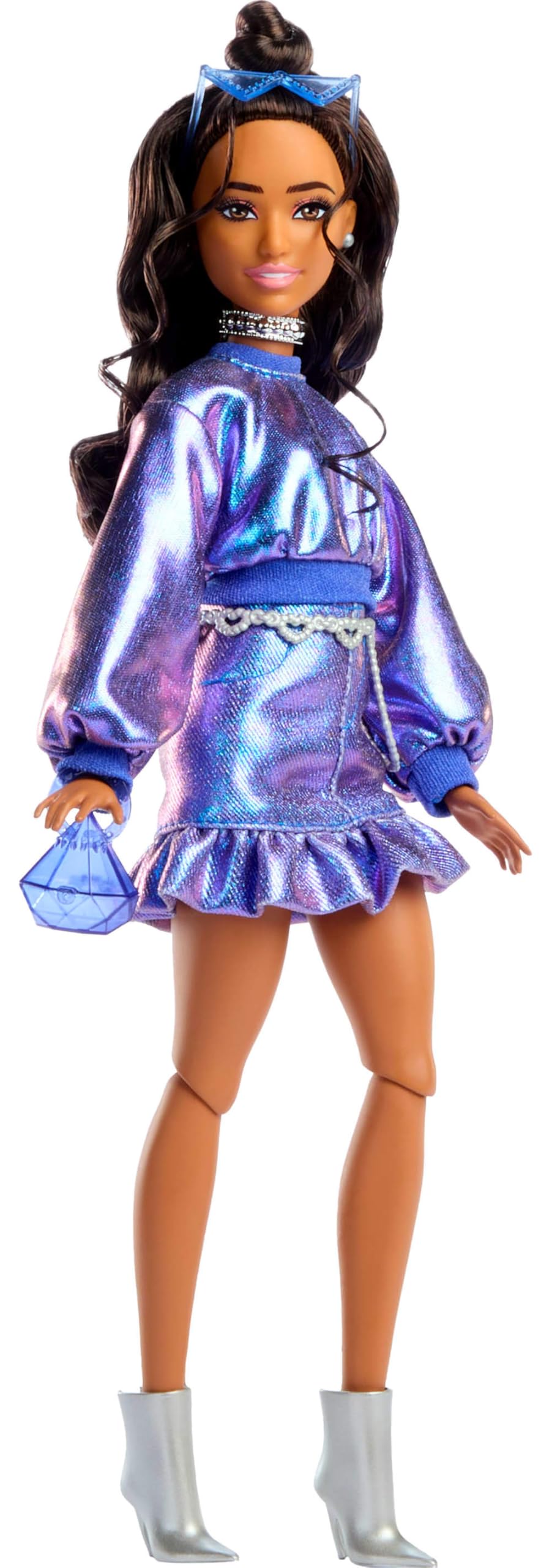 Barbie Deluxe Style Doll #7 in Metallic Blue Top and Skirt, Wavy Brown Hair, Accessories like Silvery Jewelry, Crystal Handbag and Sunglasses, JFP42