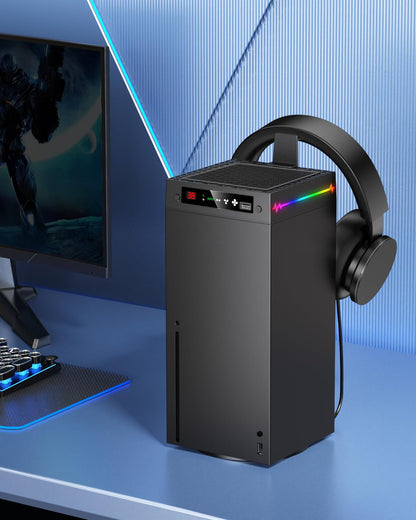 LED Display Auto Cooling Fan for Xbox Series X with 9 RGB Light Modes & Dust Cover, Cooling System Adjustable by Temperature with 4 Gears for Xbox Series X Console, Cooler & Headset Hook, USB Port