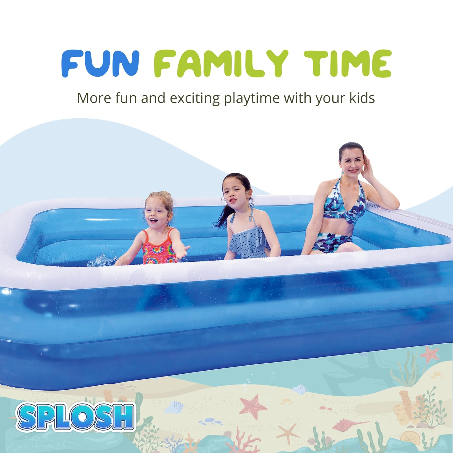 Splosh Inflatable Family Swimming Pool For Kids - Large Rectangle Kids Paddling Pool 2.62m x 1.75m - Easy To Inflate - Kids Paddling Pools For Garden