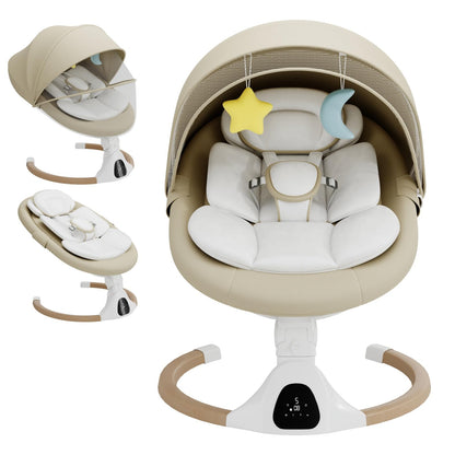 Cozydwells electric baby swing chair in beige with Bluetooth, remote control, 5 swing speeds, 3 positions, suitable for newborns.