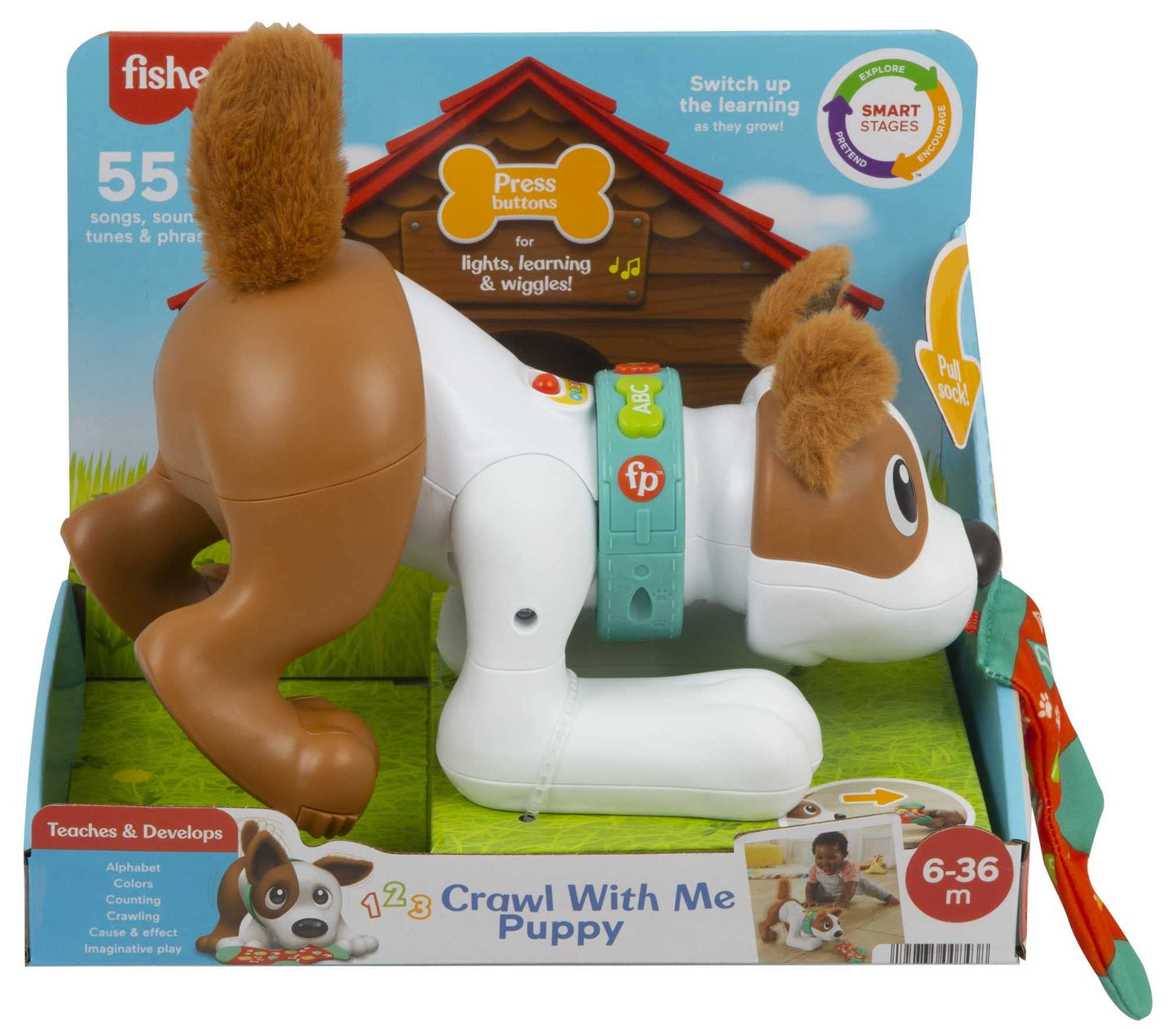 Fisher-Price 123 Crawl With Me Puppy, electronic dog infant crawling toy with music and Smart Stages learning content for infants and toddlers