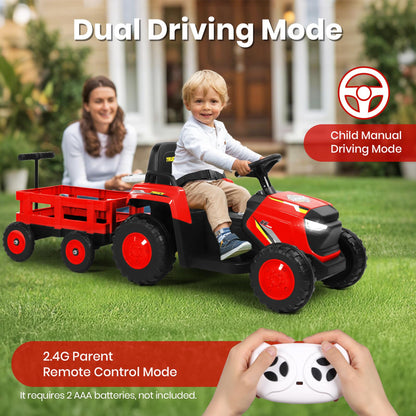H.yeed Kids Ride on Tractor and Trailer Aged 3-6, 12V Battery Powered Electric Toy Car with Remote Control, Bluetooth Music, LED Lights & USB for Boys, Girls (Red)