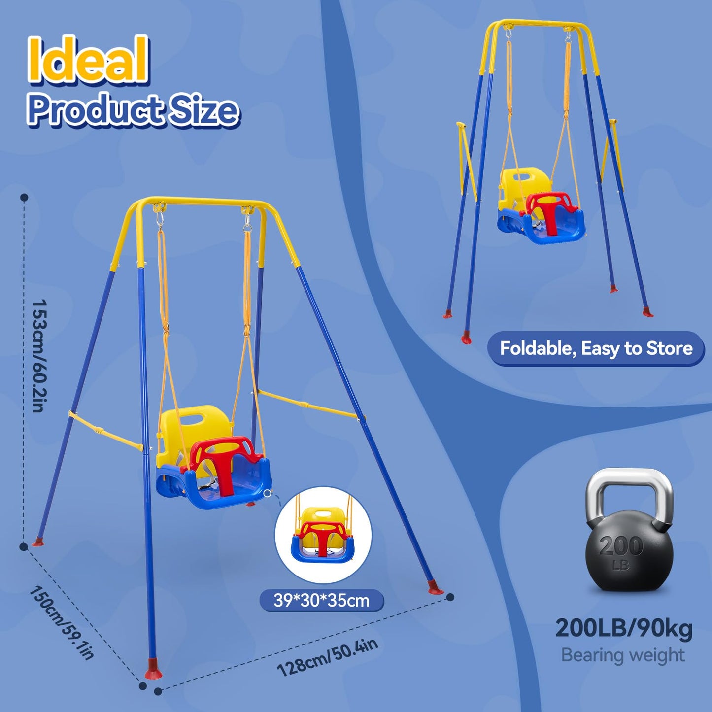 Warmiehomy 3 in1 Baby Swing Chair with Safety Harness Kids Swings for Garden Backyard Outdoor Indoor, Foldbale Toddler Swing Chair Play for Children Gift for 1 2 3 4-10 years old Boys Girls, Blue