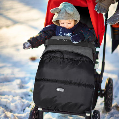 Black and grey IvyWind baby footmuff for pushchair, waterproof, warm pongee fabric with drawstring, zipper, washable, and easy access.
