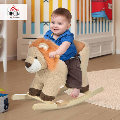 HOMCOM Baby Rocking Horse, Plush Ride on Lion Seat for Toddlers 18-36 Months with Sound, Safety Belt, Wood Base, Animal Rocker for Children, Brown