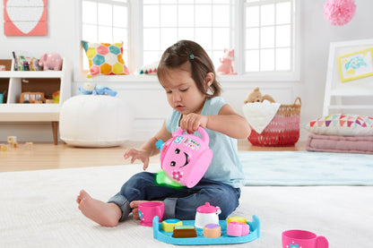 Fisher-Price Laugh & Learn Sweet Manners Tea Set for toddlers, with colorful cups, teapot, and utensils for pretend play.