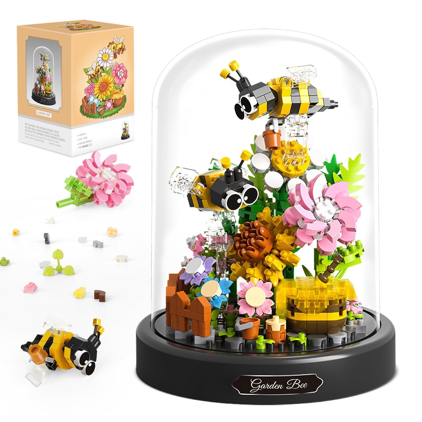 Highdar Honey & Flower Bouquet Building Set with micro bricks, showcasing vibrant insect and flower designs in 530 pieces.