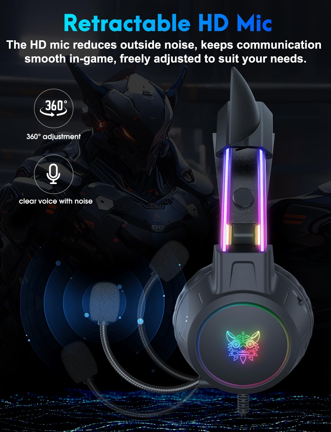 ONITOON lightweight gaming headset with removable cat ears, gradient RGB lighting, wired design, virtual surround sound, and noise-canceling mic