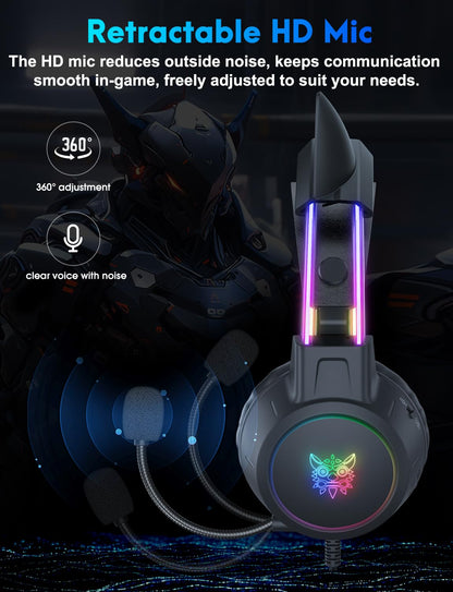 ONITOON lightweight gaming headset with removable cat ears, gradient RGB lighting, wired design, virtual surround sound, and noise-canceling mic