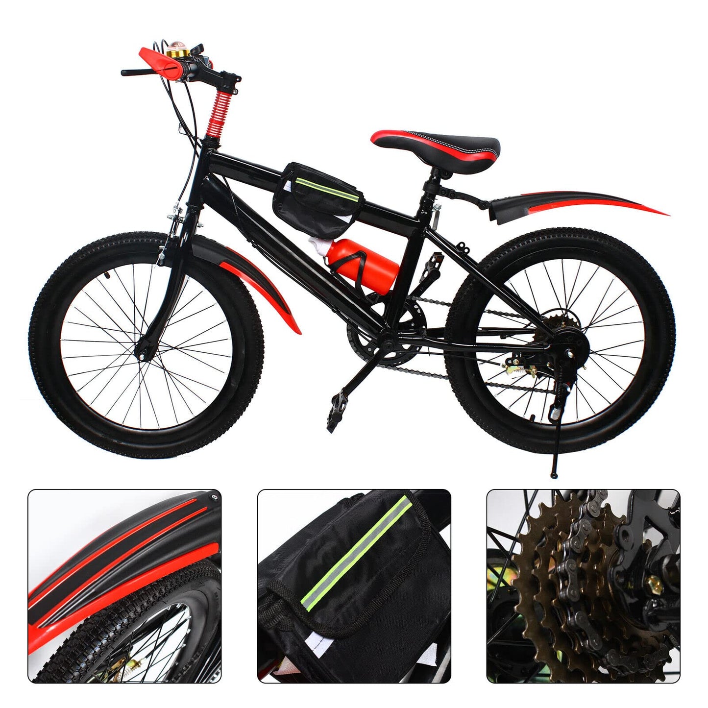WSIKGHU 20 Inch Mountain Bike 7 Speed Front and Rear Dual Brake Height Adjustable Bicycle with Fenders, Water Bottle and Compass for 130-150CM, Max 85KG (Pre-Assembled 85%) (Red)