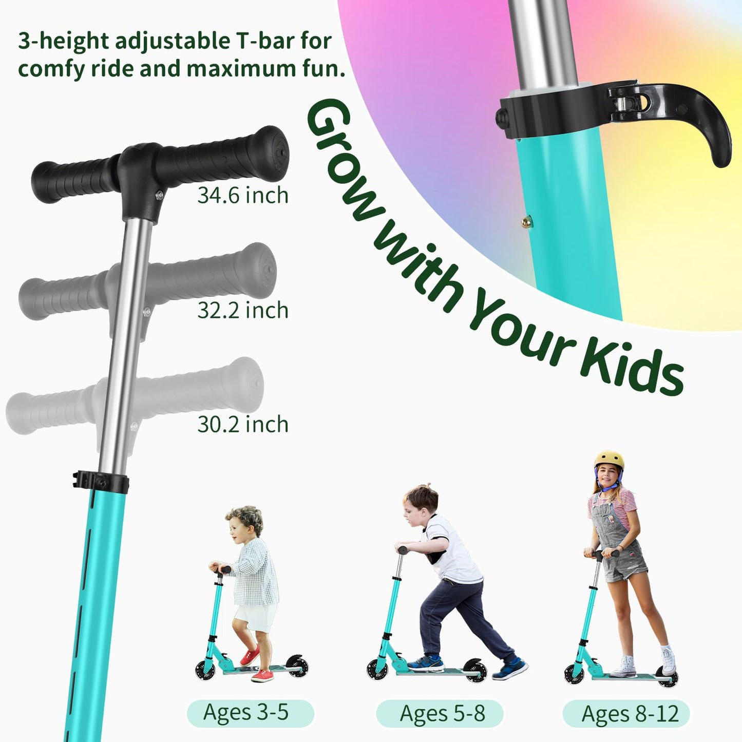 BELEEV kids' folding scooter with light-up wheels, adjustable height, non-slip deck, suitable for children ages 3-12, lightweight and fun.