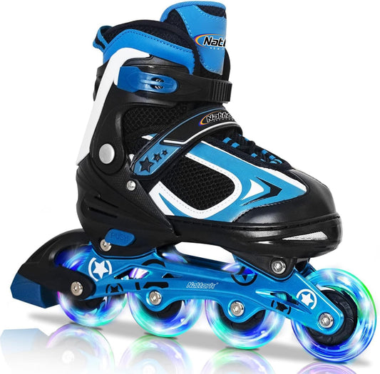 Nattork Blade Roller Skates for boys with light-up wheels, blue inline skates ideal for outdoor and indoor use for ages 5-12.