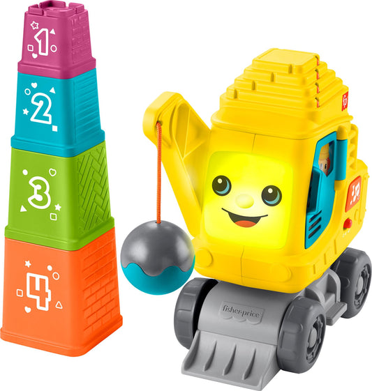 Fisher-Price Baby & Toddler Count & Stack Crane toy with colorful blocks, lights, music, and sounds for infants aged 9 months+