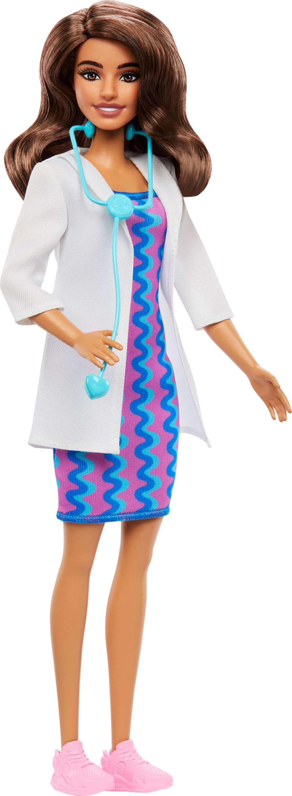 Barbie Careers Doctor Fashion Doll wearing a white coat, dress, shoes, and stethoscope accessory, showcasing her medical role.