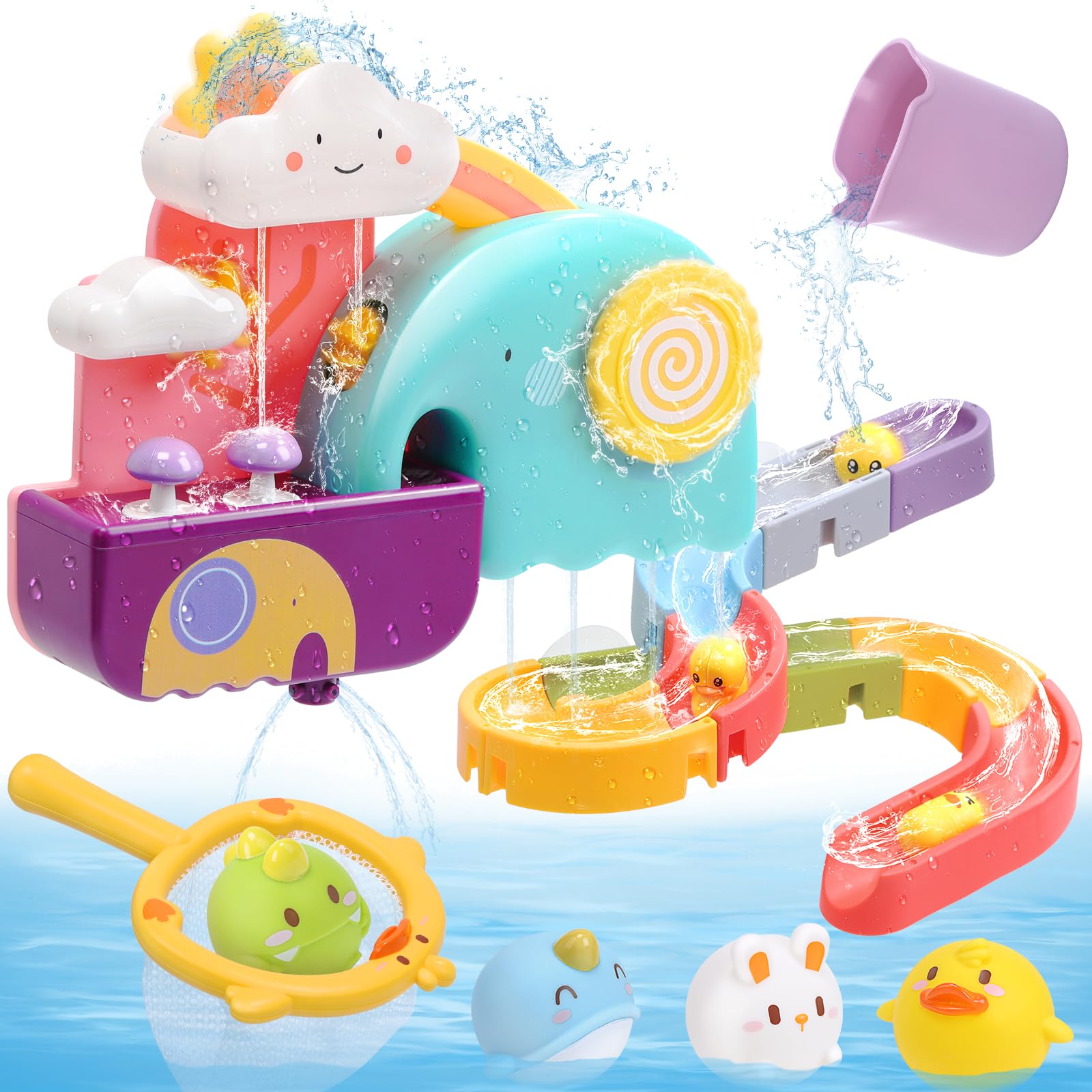 Cute Stone baby bath toys set with squirty ducks, slide, fishing net, and educational toys for boys and girls in the bathtub.