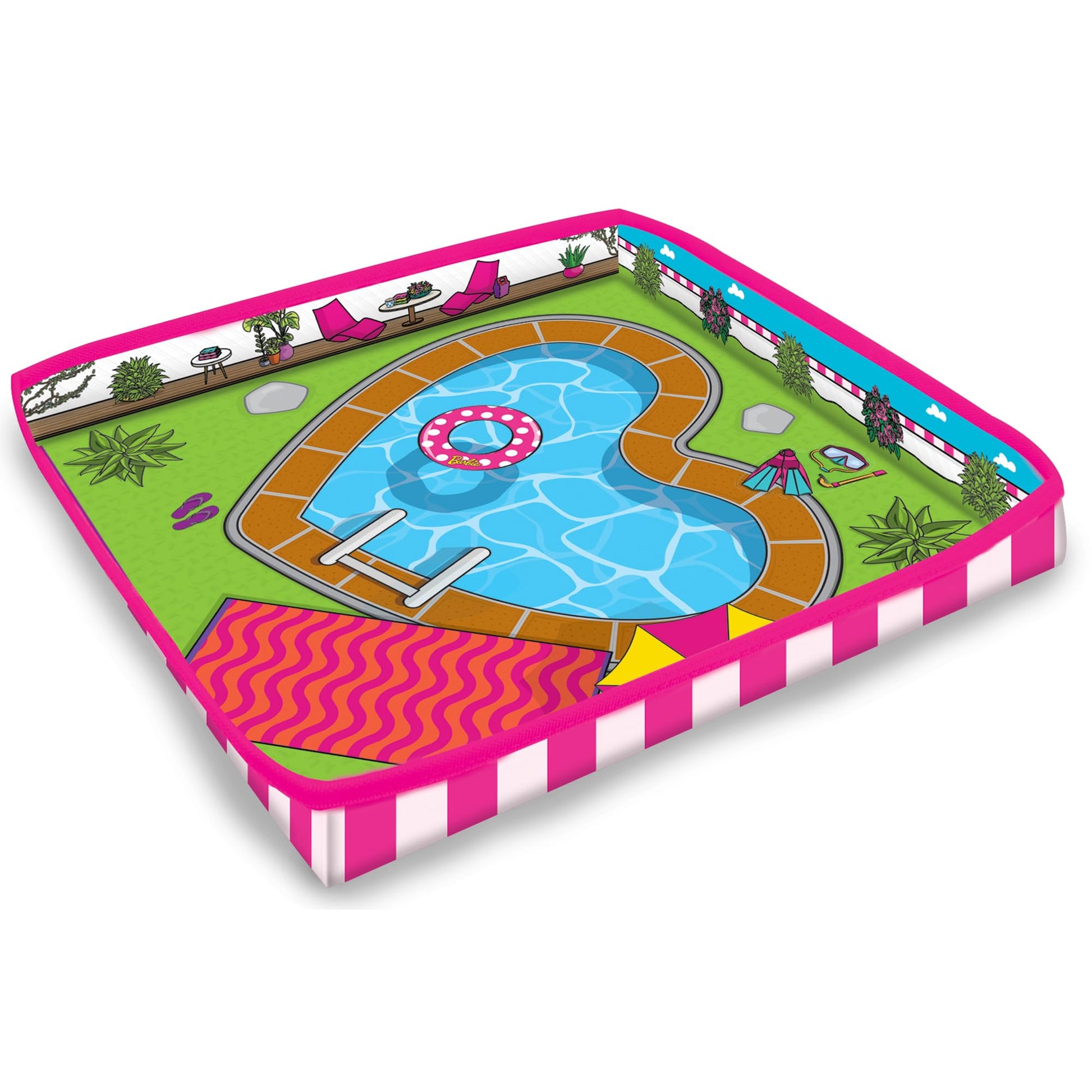 Barbie Dreamhouse ZipBin storage for 40 dolls with playmat, colorful design suitable for ages 3 and up.