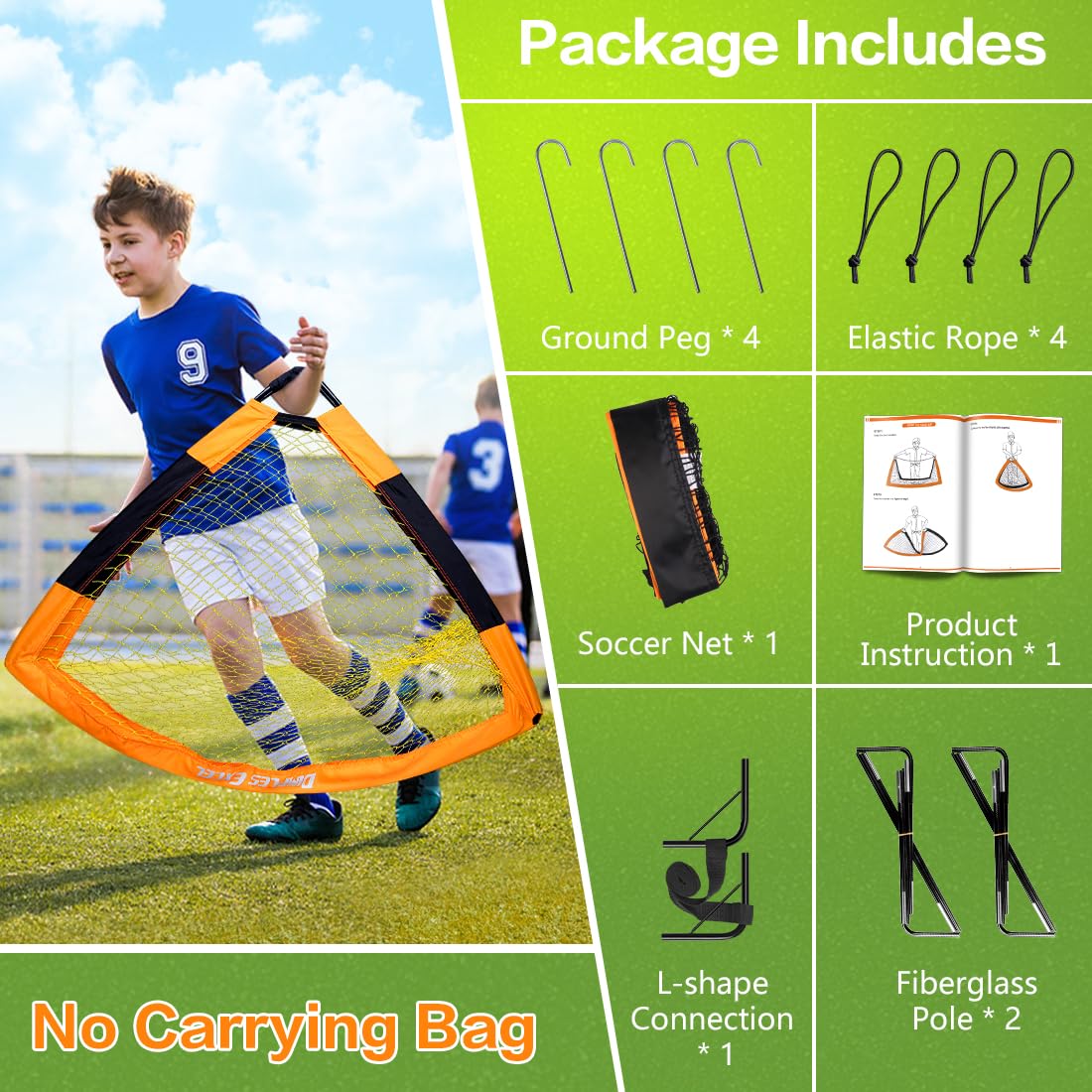 Dimples Excel foldable football goal in black and orange, 5x3.6 ft, portable garden net for soccer practice and matches.