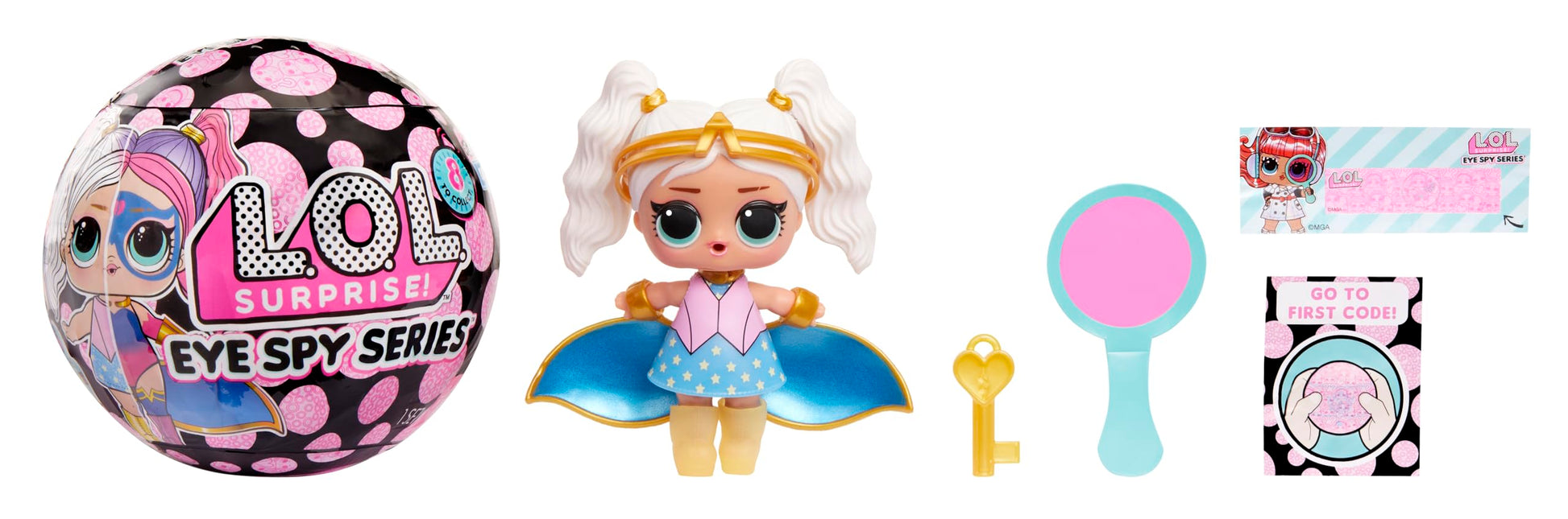L.O.L. Surprise! Eye Spy Series Tots doll with blind packaging and color-change feature, showcasing multiple surprises and accessories.