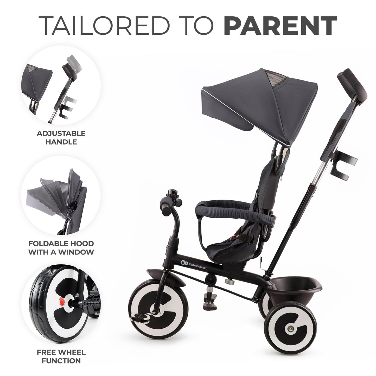 Gray Kinderkraft Aston tricycle with parent handle, footrest, cupholder, and accessories for kids aged 9 months to 5 years.