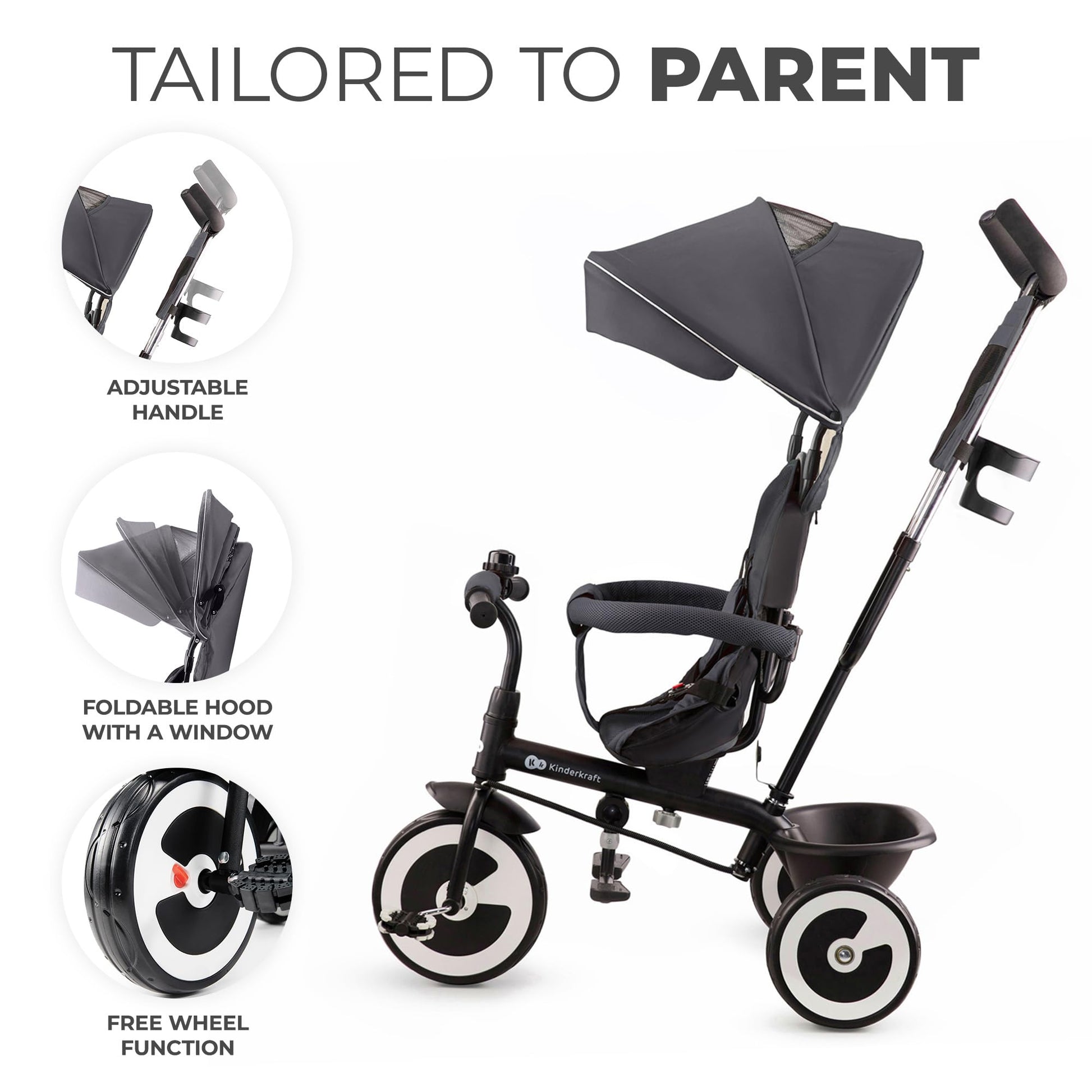 Gray Kinderkraft Aston tricycle with parent handle, footrest, cupholder, and accessories for kids aged 9 months to 5 years.