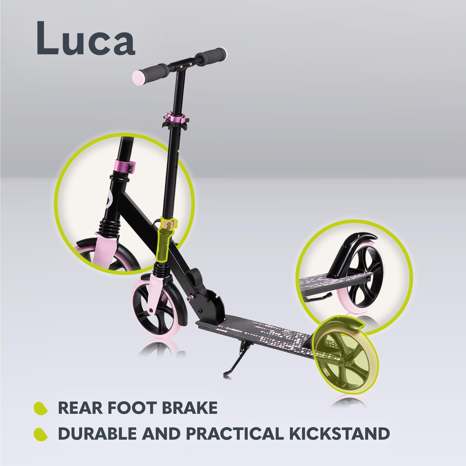 Lionelo Luca scooter featuring a lightweight design, adjustable handlebars, and 20cm wheels for kids and teens.