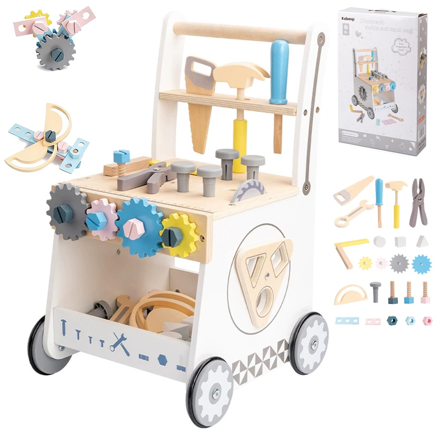 Caossuixin wooden baby walker with shape sorter, toy tools, workbench, and clock for toddlers 6-12 months, activity center and gift.