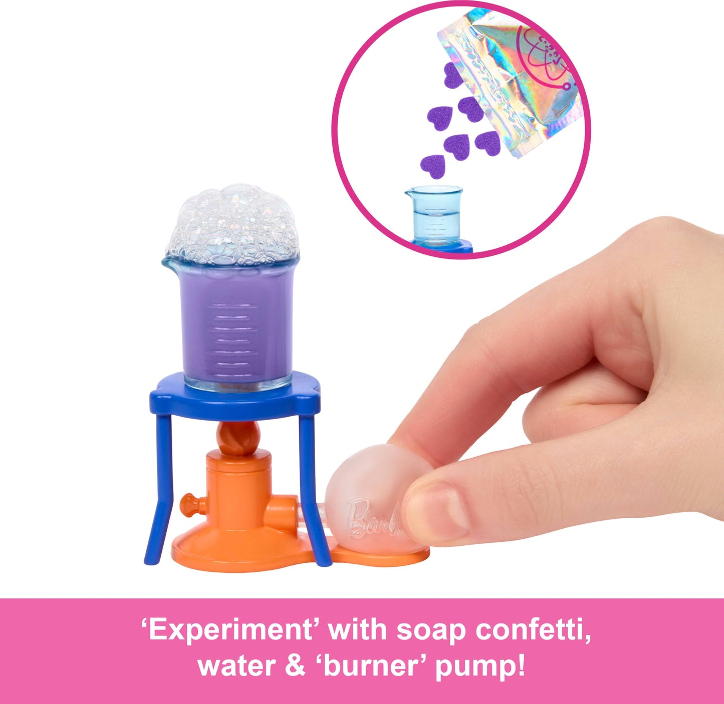 Barbie Scientist doll with blonde hair, lab table, microscope, color-change beaker, and petri dish accessories.