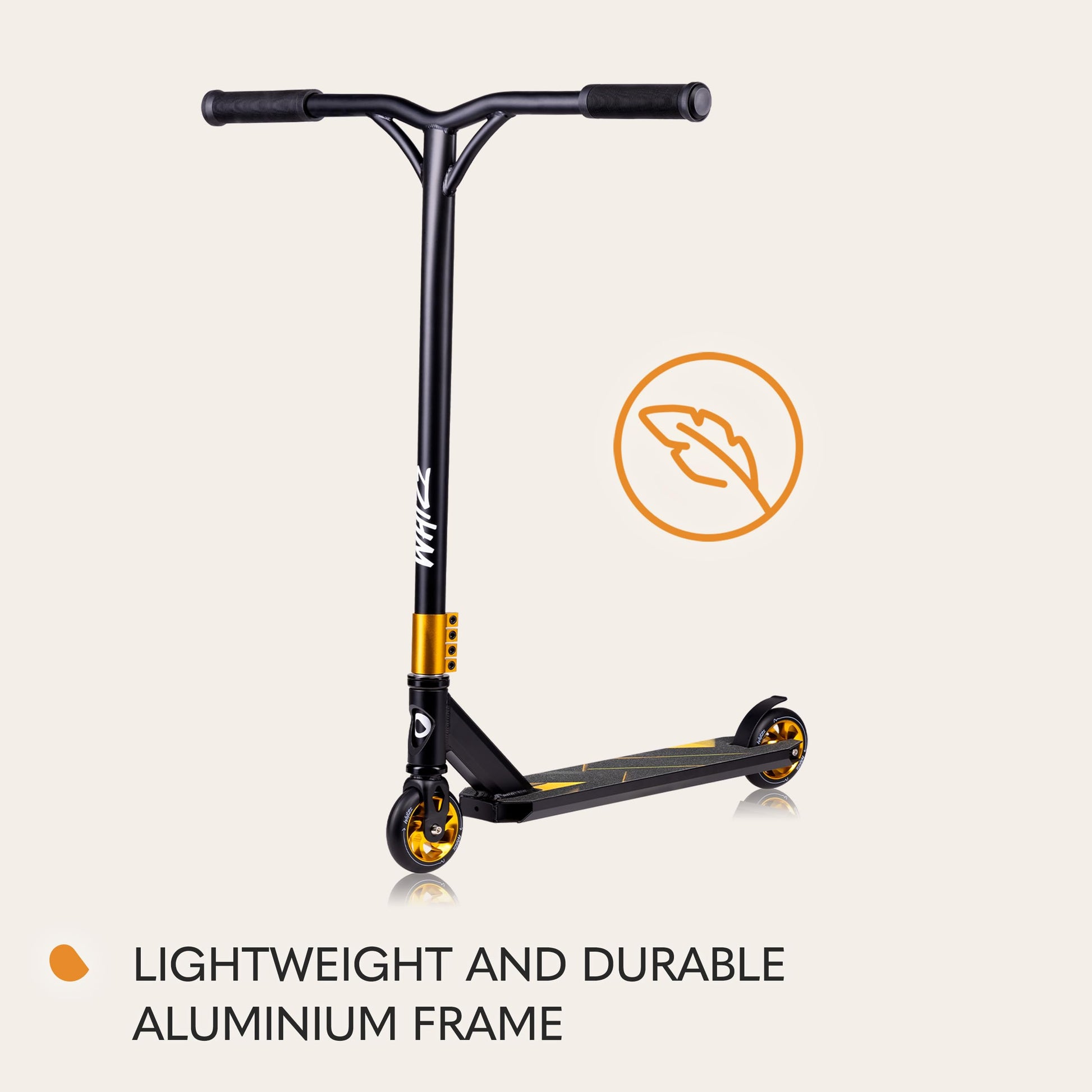 LIONELO WHIZZ freestyle stunt scooter with aluminium deck, Y-bar handlebar, and high-rebound wheels for durability.