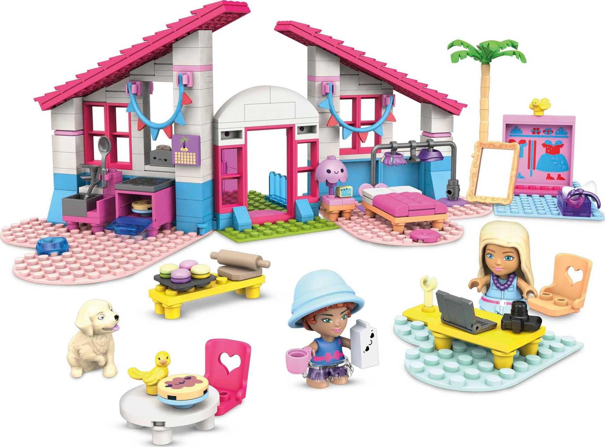 Barbie Malibu House building set by Mega Brands with 303 bricks, accessories, and 2 micro-dolls for creative play.
