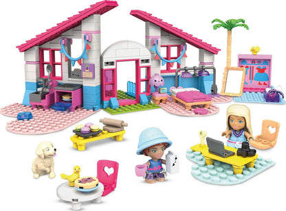 Barbie Malibu House building set by Mega Brands with 303 bricks, accessories, and 2 micro-dolls for creative play.