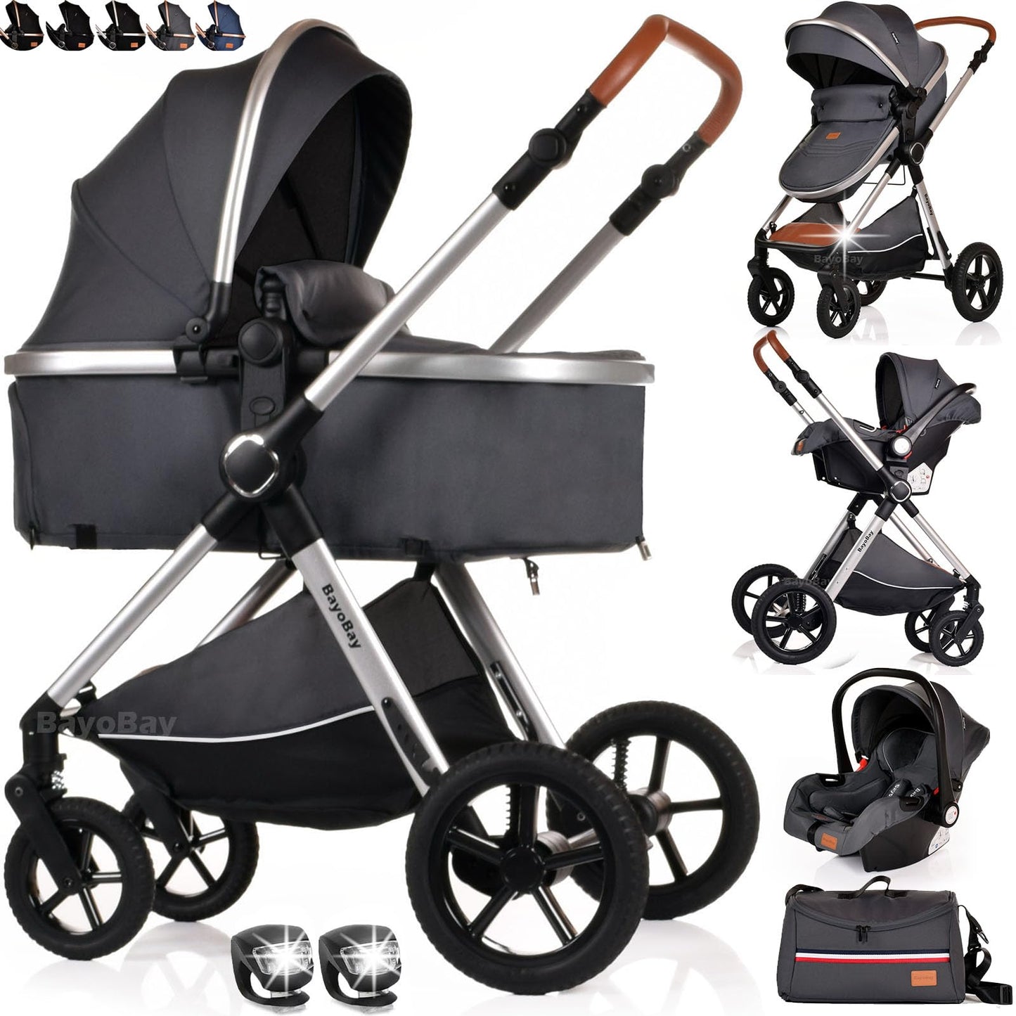 BayoBay 3-in-1 baby buggy pram pushchair with car seat and carrycot, lightweight, foldable stroller for newborns and toddlers in grey silver