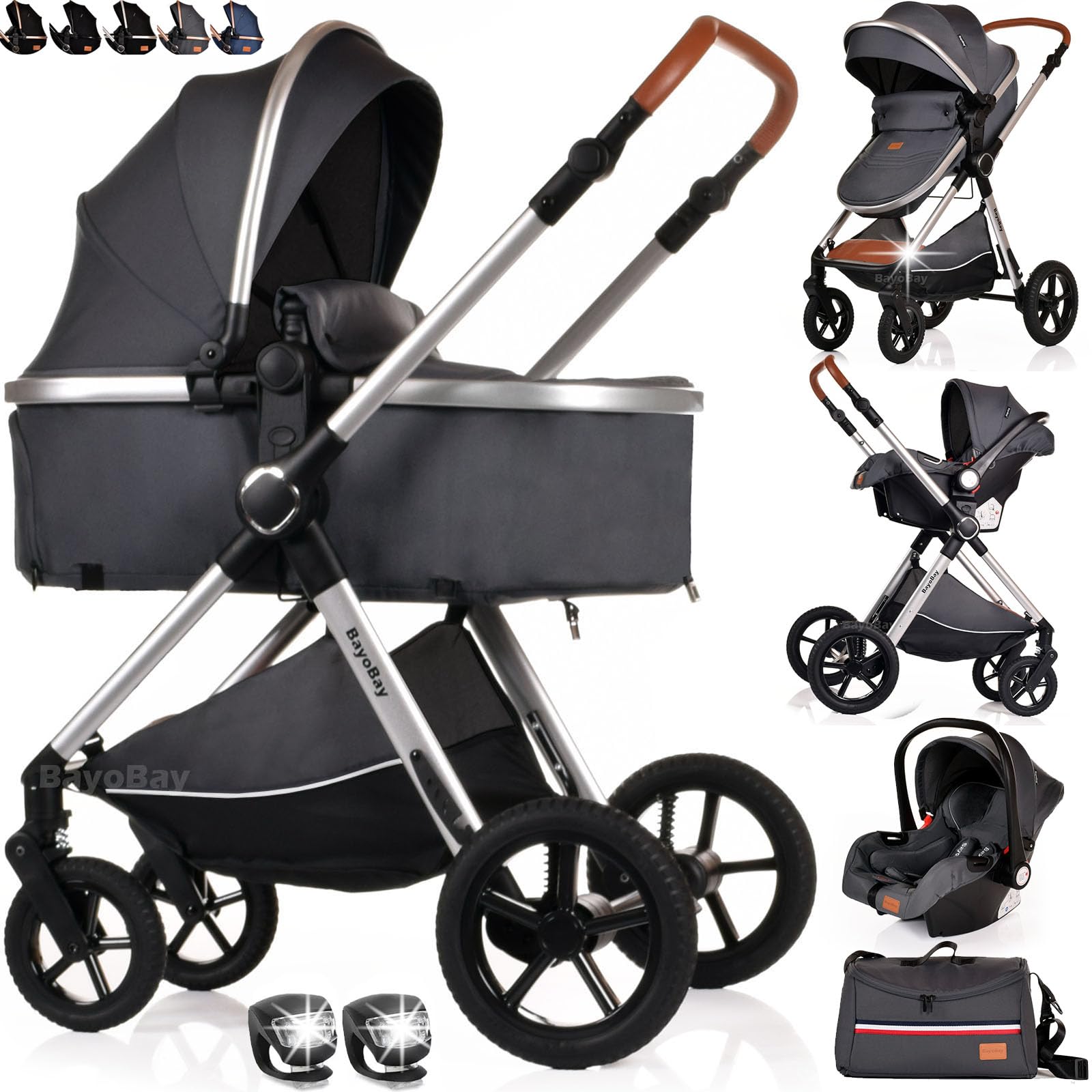 BayoBay 3-in-1 baby buggy pram pushchair with car seat and carrycot, lightweight, foldable stroller for newborns and toddlers in grey silver