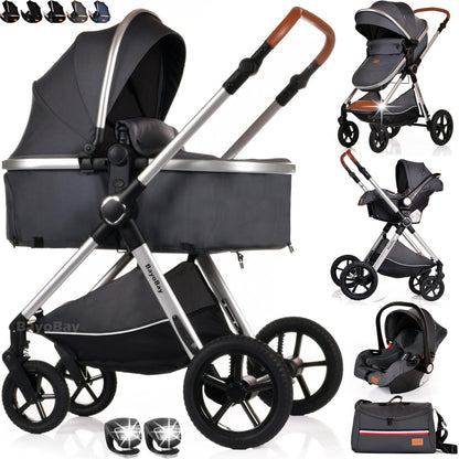 BayoBay 3-in-1 baby buggy pram pushchair with car seat and carrycot, lightweight, foldable stroller for newborns and toddlers in grey silver