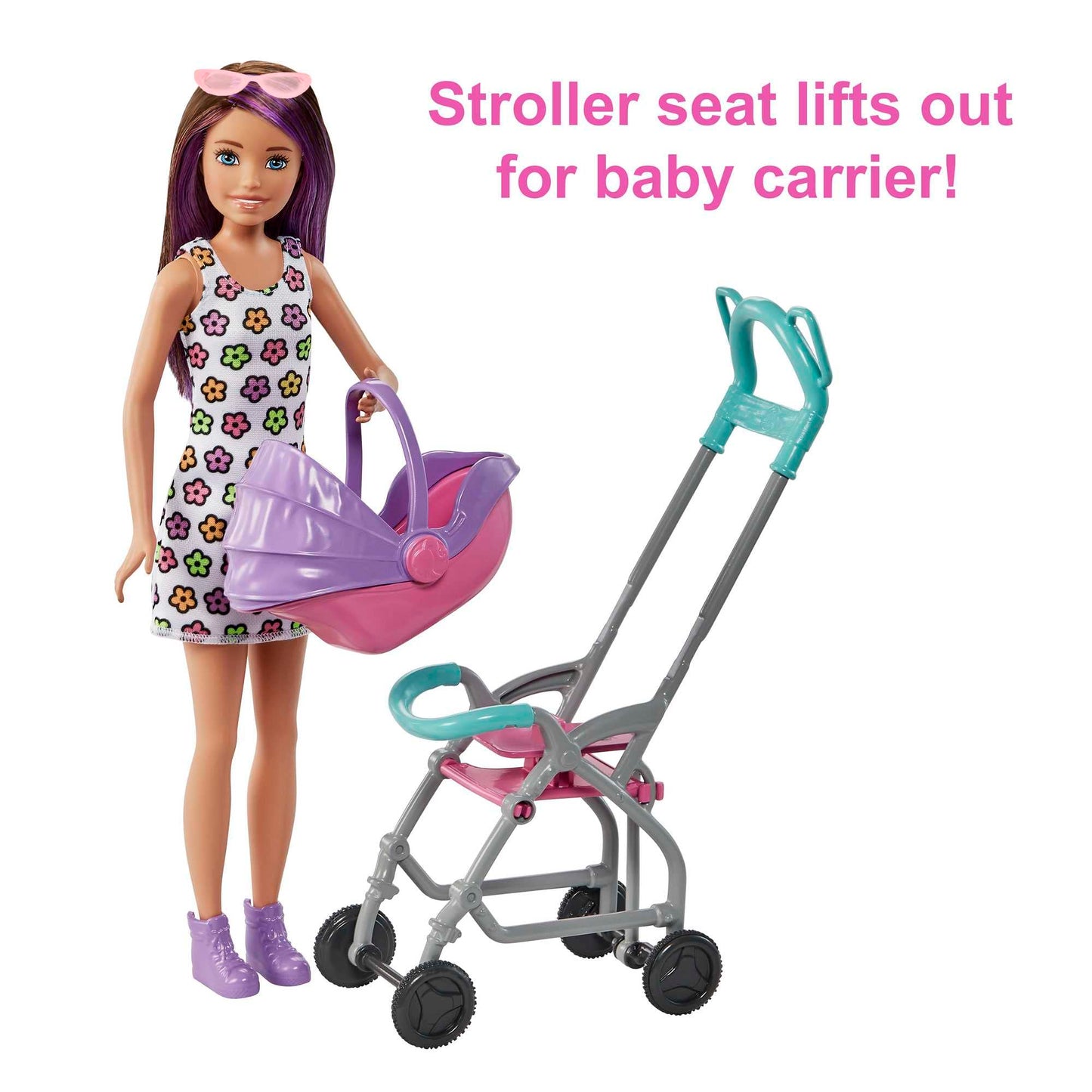 Barbie Skipper Babysitters Inc. playset with brunette Skipper doll, stroller, baby doll, and accessories for imaginative play.