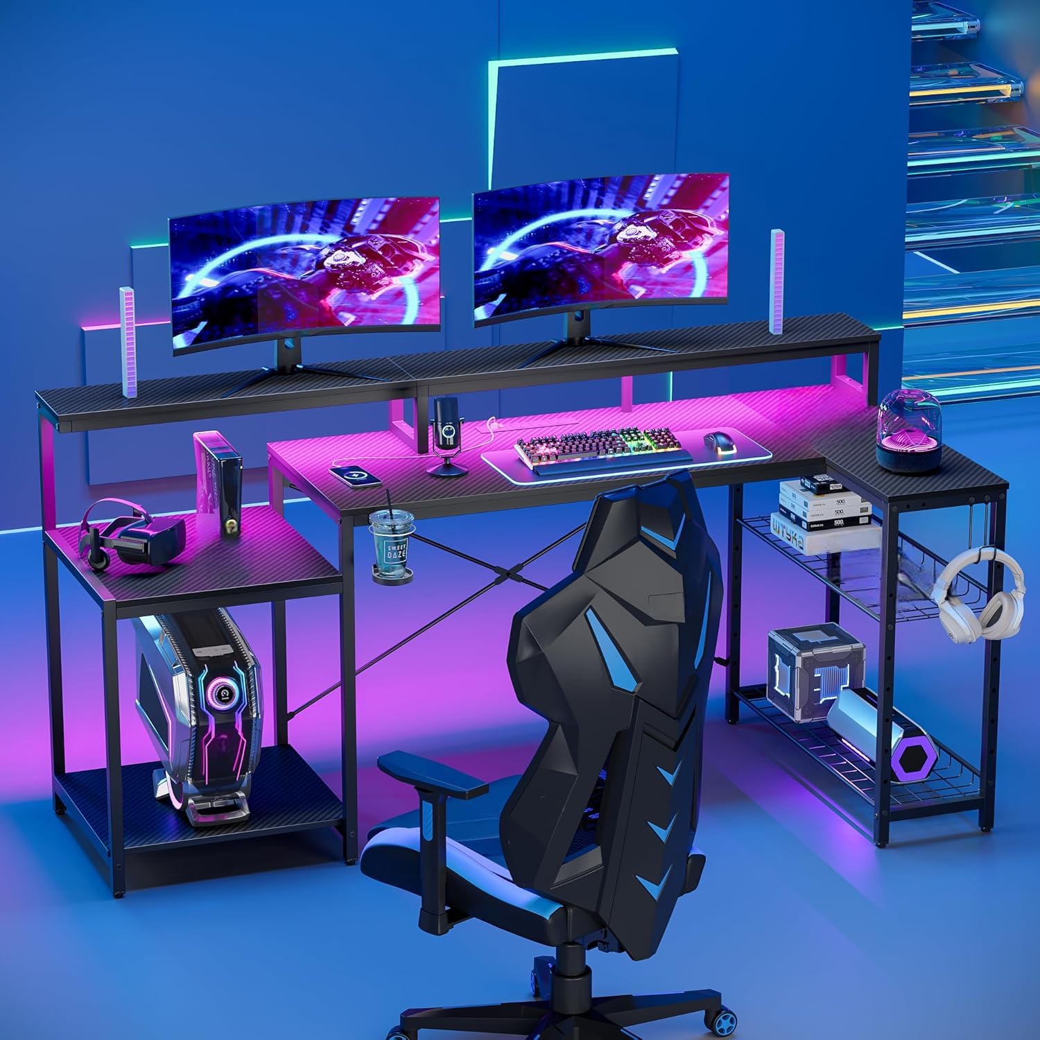 Bestier 181cm L-shaped gaming desk with RGB LED lights, monitor stand, storage shelf, cup holder, and headset hook on carbon fiber surface.