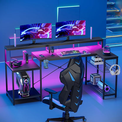 Bestier 181cm L-shaped gaming desk with RGB LED lights, monitor stand, storage shelf, cup holder, and headset hook on carbon fiber surface.
