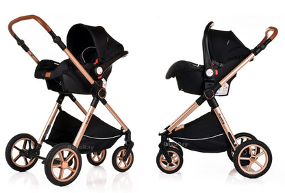 Baby Pram Pushchair Buggy Stroller 3 in 1 with Car Seat Child Lightweight Folding Stroller 3 in 1 Travel System Pram for Newborns Toddlers from Birth New 2026 Style FREEBIES (BBC - Black Gold, BBC)