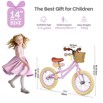 Light purple 14-inch balance bike for kids with carbon steel frame, rubber tires, height-adjustable seat, and removable basket.