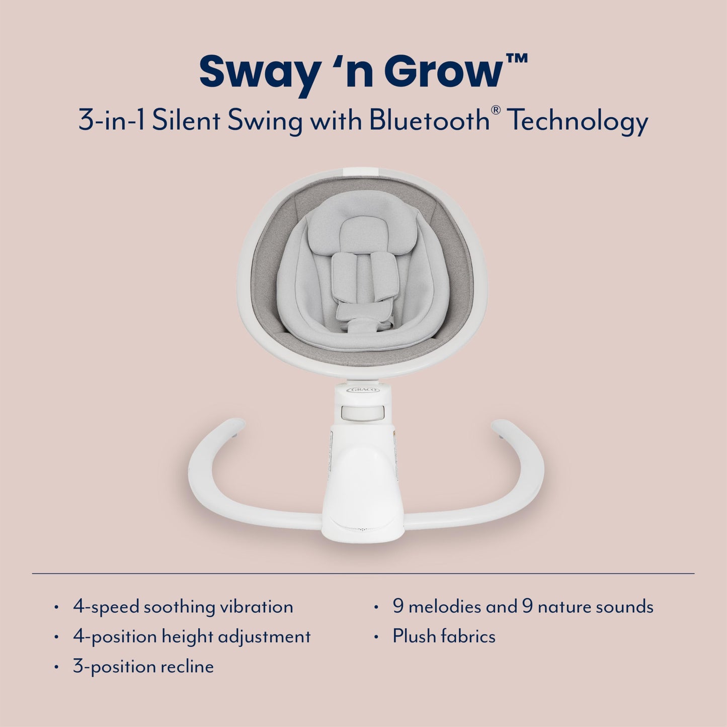 Graco Sway 'n Grow Bluetooth soother with swaying motions, vibration, music, adjustable height, compact design, Heather fashion.