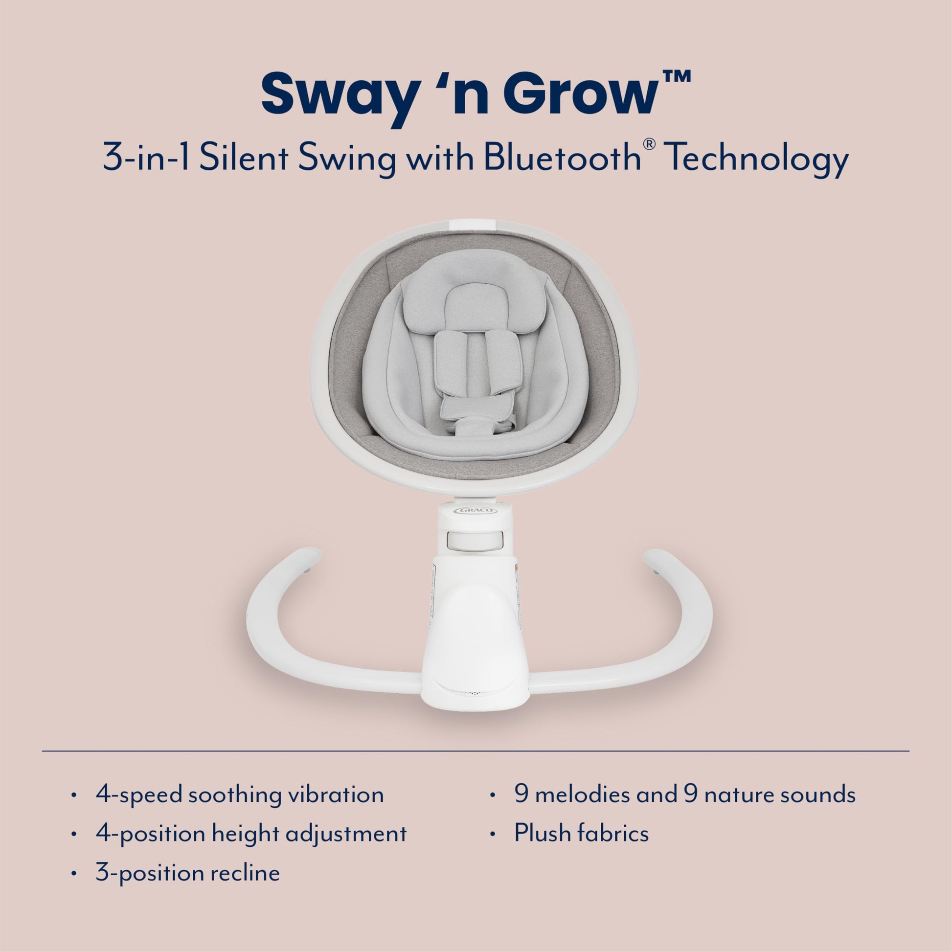 Graco Sway 'n Grow Bluetooth soother with swaying motions, vibration, music, adjustable height, compact design, Heather fashion.