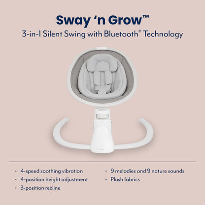 Graco Sway 'n Grow Bluetooth soother with swaying motions, vibration, music, adjustable height, compact design, Heather fashion.