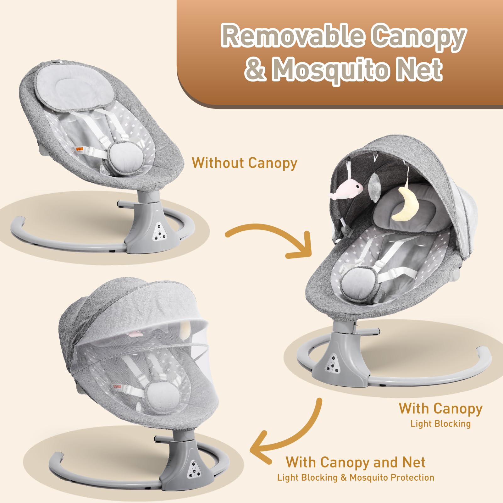 Gray Kisdream baby swing chair with adjustable angles, Bluetooth remote, 5-speed bouncer, and lullabies for newborns.