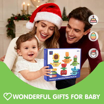 hahaland Baby Sensory Toys 6-12 Months Montessori Toys Sorting Stacking Plugging Baby Toys, 10PCS Fabric Plush Potted Plants & Soft Rattle Flowers Sensory Toy, Various Textured Crinkle Montessori Toy