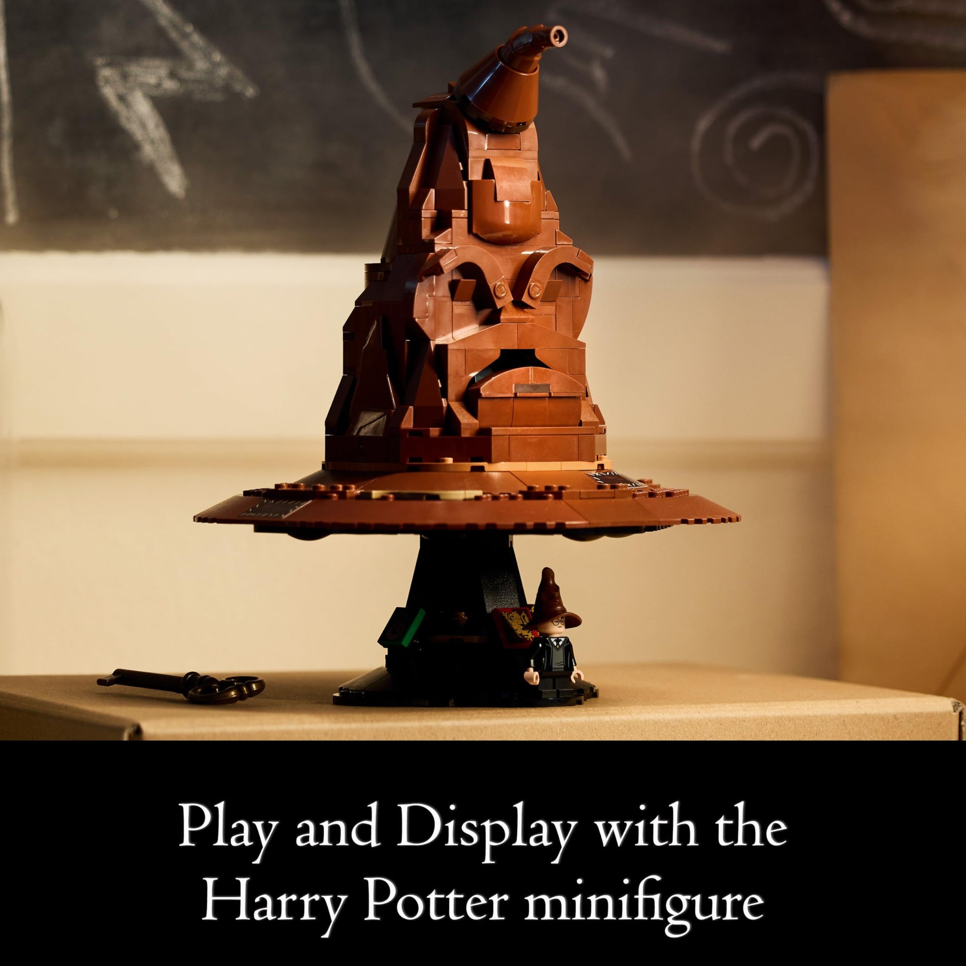 LEGO Harry Potter Sorting Hat set with character minifigure and buildable model, showcasing detailed design and sound features.