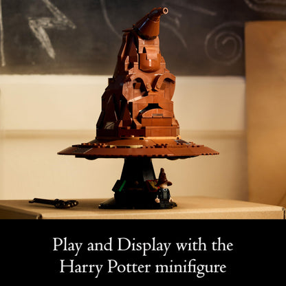 LEGO Harry Potter Sorting Hat set with character minifigure and buildable model, showcasing detailed design and sound features.